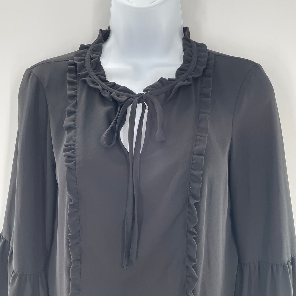 KARL LAGERFELD PARIS Black 3/4 Bell Sleeve Ruffle Front Tie Neck Blouse XS - Picture 3 of 11
